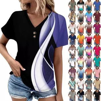 Женский топ в повседневном стиле с v-образным вырезом и пуговицами спереди на плечах, свободная футболка с короткими рукавами