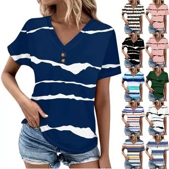 Женский топ в повседневном стиле с v-образным вырезом и пуговицами спереди на плечах, свободная футболка с короткими рукавами L чёрный