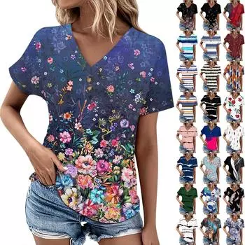 Женский топ в повседневном стиле с v-образным вырезом и пуговицами спереди на плечах, свободная футболка с короткими рукавами L чёрный