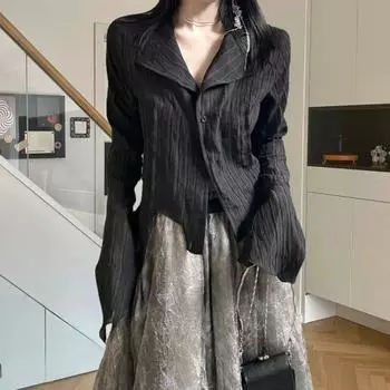 Женский топ в стиле ретро с отложным воротником, свободная однотонная блузка с длинными рукавами и рогами в стиле хип-хоп, мягкая уличная одежда с застежкой на пуговицы M чёрный