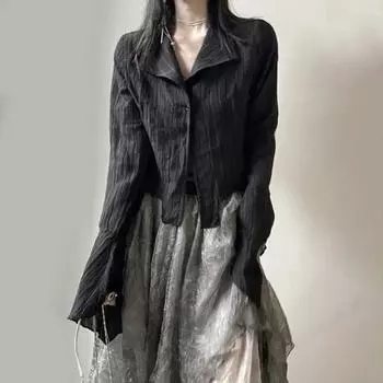 Женский топ в стиле ретро с отложным воротником, свободная однотонная блузка с длинными рукавами и рогами в стиле хип-хоп, мягкая уличная одежда с застежкой на пуговицы M чёрный