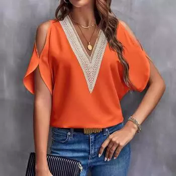 Женский топ весна/лето с V-образным вырезом, кружевной, однотонный, темпераментный S оранжево-красный