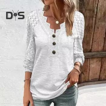 Женский топ весна-осень с ажурным кружевом и пуговицами, декорированный V-образным вырезом, мягкий дышащий пуловер в стиле пэчворк с длинным рукавом, женская футболка средней длины S серый