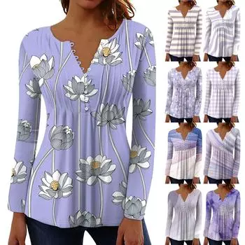 Женский топ весна-осень с плиссировкой на пуговицах и цветочным принтом с длинными рукавами L синий