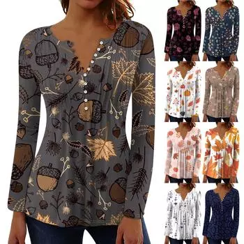Женский топ весна-осень с плиссировкой на пуговицах и цветочным принтом с длинными рукавами L