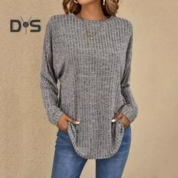 Женский топ весна осень сплошной цвет с круглым вырезом и длинными рукавами свободная вязаная эластичная простая стильная женская футболка средней длины блузка XL розовый