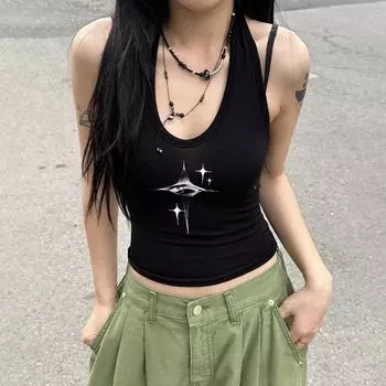 Женский топ Y2k Devil s Eyes в стиле ретро с подвесным воротником, жилет на подтяжках, женский летний корейский модный тонкий и утягивающий короткий топ S чёрный