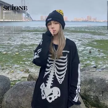 Женский топ Y2K, свитер с принтом черепа, уличная футболка в стиле хип-хоп для пар, футболка с длинными рукавами, футболка с узором, Harajuku, топ, блузка Y2k