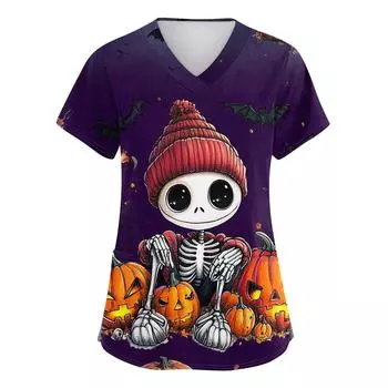 Женский топ защитного костюма с V-образным вырезом, с короткими рукавами, с принтом на Хэллоуин, с карманом и боковыми разрезами M