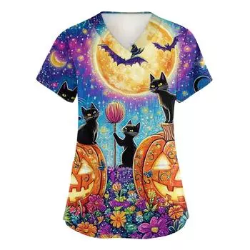 Женский топ защитного костюма с V-образным вырезом, с короткими рукавами, с принтом на Хэллоуин, с карманом и боковыми разрезами XXXL фиолетовый