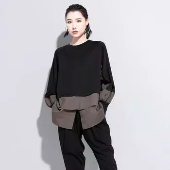 Женский топ, женские футболки, искусственная двухсекционная прямая строчка, брендовая футболка с длинными рукавами Tide, женская модная уличная одежда M чёрный