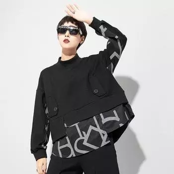 Женский топ, женские футболки, поддельные двухсекционные прямые брендовые футболки с длинными рукавами Tide, модная уличная одежда M чёрный