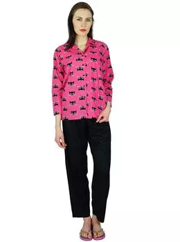 Женский традиционный пижамный комплект Bimba, пижамный комплект на заказ, ночная одежда, пижамные комплекты, Женский кошачий принт, розовый и 10 розовый