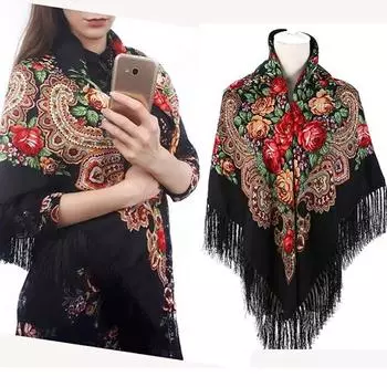 Женский традиционный шарф-обертка с кисточками, шаль с бахромой, шейный платок, ретро-шарф, цветочное пончо, шаль с принтом 130x130cm красный