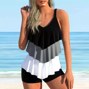 Женский трехцветный купальник с бретелькой на шее, бикини с принтом, купальник-танкини S чёрный