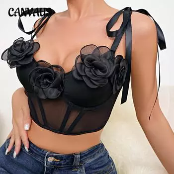 Женский трехмерный цветочный декор однотонный полупрозрачный сексуальный короткий жилет на шнуровке S чёрный