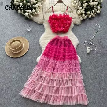 Женский трехмерный сетчатый топ с цветами, маленький жилет, сетчатая юбка средней длины, костюм One size розы красного