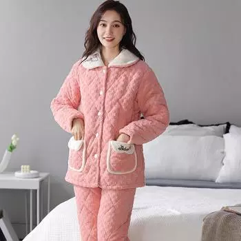 Женский трехслойный хлопковый пижамный комплект Зимняя утепленная и теплая женская пижама, удобная, мягкая и элегантная женская домашняя одежда M
