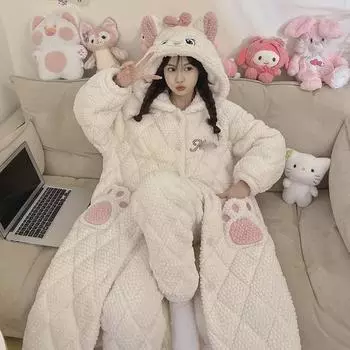 Женский трехслойный стеганый пижамный комплект: Фланелевая куртка с капюшоном, зимняя ночная рубашка, халат и плотные брюки больших размеров. Medium