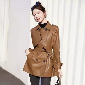 Женский тренч из овечьей кожи, новый, весна-осень 2025, модный дизайн, двубортный, однотонный, тонкий, кожаный блейзер, топы M 40-49kg чёрный