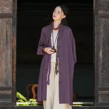 Женский Тренч в китайском стиле, сплошной цвет, пальто-стойка, осенний винтажный плащ с рукавами-фонариками на пуговицах One Size темно-зеленого