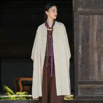 Женский Тренч в китайском стиле, сплошной цвет, пальто-стойка, осенний винтажный плащ с рукавами-фонариками на пуговицах One Size бежевый