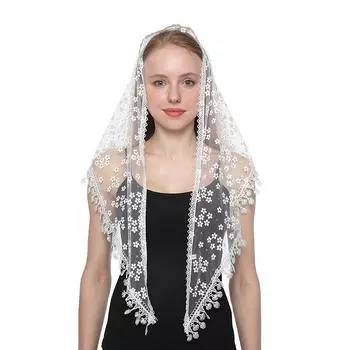 Женский треугольный шарф для церковной молитвенной шаль, кружевная вуаль с вышивкой, головной убор с кисточками, вуали для церкви, мантильи