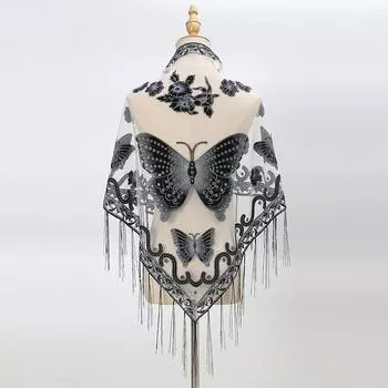 Женский треугольный шарф с кисточками 2023 года с вышитой кружевной бабочкой 150-65cm фиолетовый