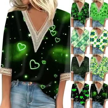 Женский три четверти рукав кружево St. Топ с принтом ко Дню Святого Патрика Модный базовый топ с V-образным вырезом и обычным узором L армия зеленый