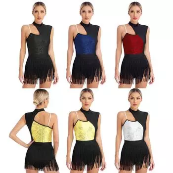 Женский трико без рукавов для латинских танцев с блестящими пайетками контрастного цвета и бахромой, боди для танцевальной вечеринки и выступления на сцене S золотой