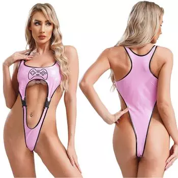 Женский трико с высоким вырезом в стиле киберпанк, купальник для ночного клуба, вечернее шоу, нижнее белье из лакированной кожи, боди, купальный костюм, костюм для танца на пилоне One Size