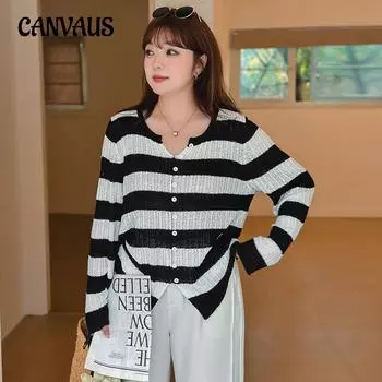 Женский трикотаж больших размеров, тонкие весенние и осенние верхние топы, свободные полосатые трикотажные изделия с длинными рукавами XL чёрный