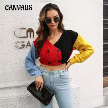 Женский трикотаж Осень и зима Длинный рукав Двубортный вязаный свитер с эффектом столкновения цветов S чёрный/красный