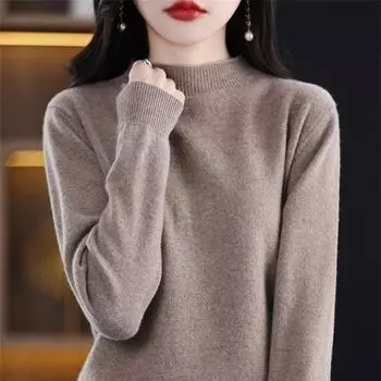Женский трикотаж Осень и зима Классический полувысокий воротничок Однотонный универсальный свитер с длинными рукавами Тонкая рубашка с низом S белый