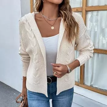 Женский трикотаж осень-зима новый однотонный свитер с капюшоном женский кардиган куртка S бежевый