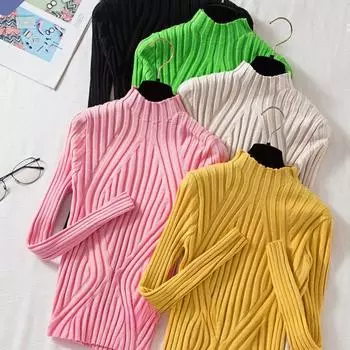 Женский трикотаж осень/зима, полуводолазка, эластичный свитер, однотонный тонкий джемпер, вязаная нижняя рубашка S чёрный