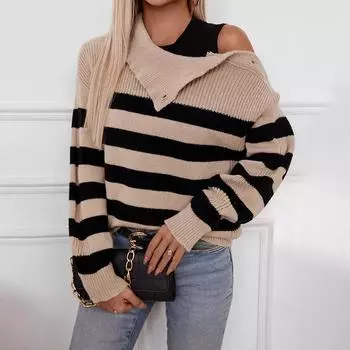 Женский трикотаж Осень/Зима Свитер с контрастными полосками Свитера с лацканами и пуговицами на плечах S хаки