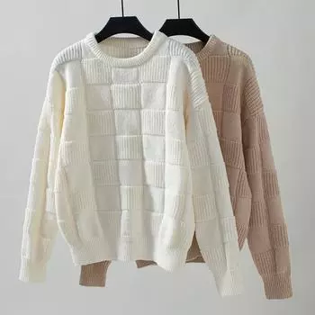 Женский трикотаж Осень/зима Винтажный круглый вырез свободный клетчатый свитер-пуловер S абрикосовый