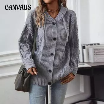 Женский трикотаж осенне-зимний однотонный кардиган средней длины с капюшоном и цветочным узором на завязках S серый