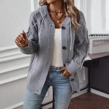 Женский трикотаж осенне-зимний однотонный кардиган средней длины с капюшоном для женщин S зелёный