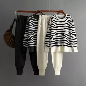 Женский трикотаж с длинным рукавом и леопардовым принтом, пуловер, свитер, топ, костюм, корейский трикотаж, комплект из 2 предметов, шаровары с высокой талией, наряды One Size чёрный