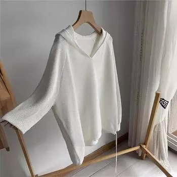 Женский трикотаж с капюшоном Lazy Style, весна-лето, белый, с длинным рукавом, повседневный, свободный, пуловер, топы, женский свитер S белый