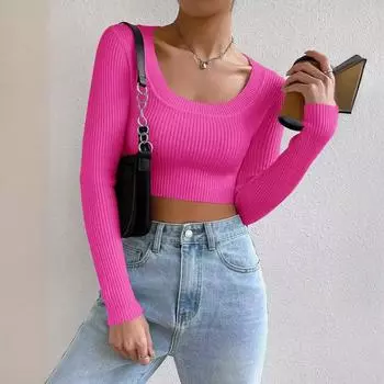 Женский трикотаж с квадратным вырезом и длинным рукавом, короткий, тонкий, облегающий свитер, топ S белый