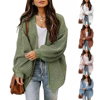 Женский трикотаж, свободный однотонный свитер с рукавами-кардиганом, пальто L зелёный