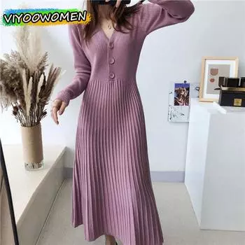 Женский трикотаж Трикотаж Зимняя одежда Толстые свитера Платья Рубашки Плиссированные длинные платья для женщин Уличная модная одежда OneSize фиолетовый