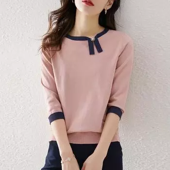 Женский трикотаж, весенний контрастный цвет, асимметричный трикотаж, пуловер с рукавами 3/4, женский свитер S розовый