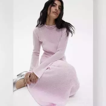 Женский трикотажный ажурный длинный жилет с юбкой One size розовый