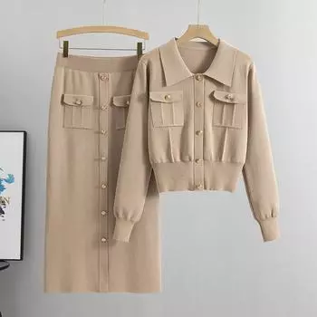 Женский трикотажный кардиган, юбка, комплект из двух частей, милый кардиган, свитер, трикотажная юбка-карандаш на весну и осень one size хаки