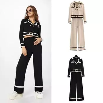Женский трикотажный комплект весна-осень с длинным рукавом, курткой с зазубренным воротником + широкими прямыми брюками, комплект из 2 предметов, женские наряды M чёрный