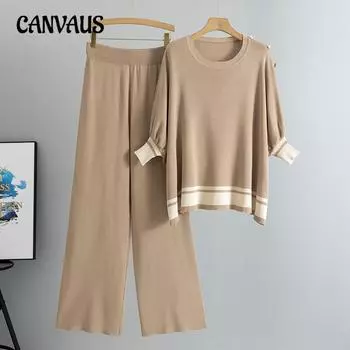 Женский трикотажный костюм большого размера с длинными рукавами и широкими брюками из двух частей one size хаки